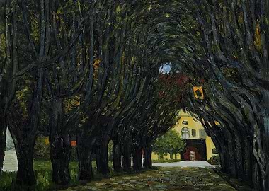 Tree-lined path to a yellow building by Gustav Klimt