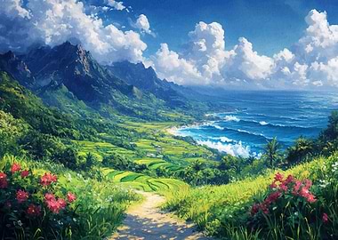 Lush Coastal Landscape Painting