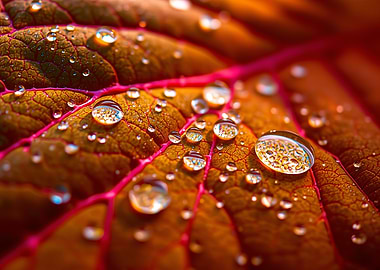 Leaf with Water Droplets Macro Shot