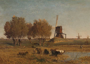 Dutch Landscape with Windmills and Cattle