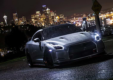 Nissan GT-R at Night with Cityscape