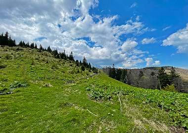 Green Mountain Landscape with Cloudy Sky