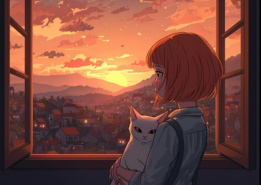 Girl with Cat at Sunset Window
