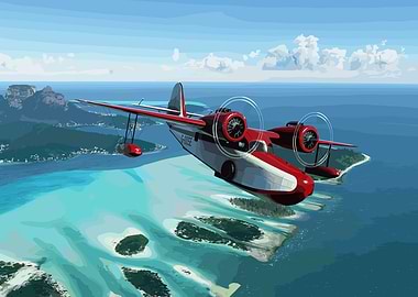 Red and White Seaplane Over Tropical Islands