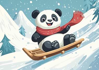 Panda Sledding in Winter Landscape