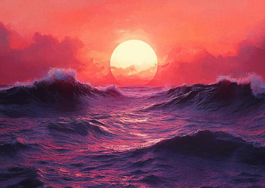 Ocean Waves at Sunset Painting
