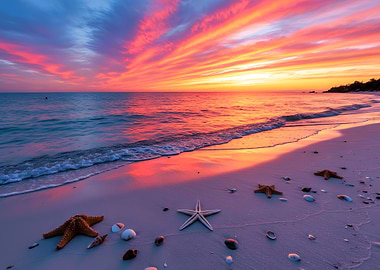 Sea Beach Sunset with Starfish and Shells