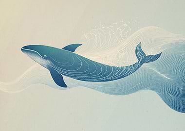 Whale swimming in stylized ocean waves