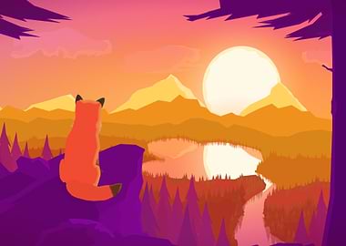 Fox watching sunset landscape illustration