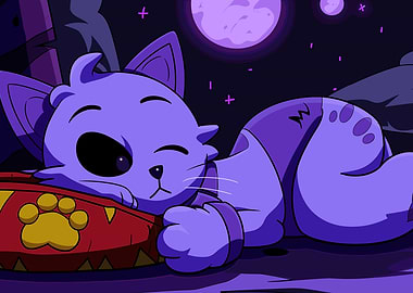 Sleeping Purple Game Cat with Bowl