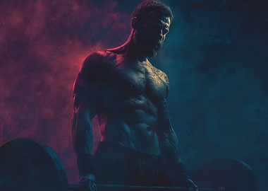 Muscular man lifting barbell in dramatic lighting