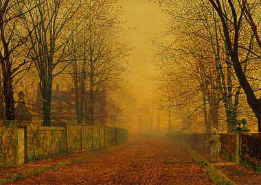 Autumnal Road with Statue and Wall