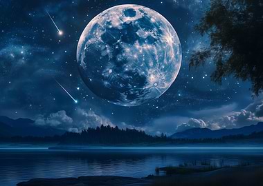 Blue Moon over Lake with Shooting Stars
