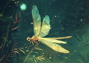 Glowing Dragonfly in a Lush Environment