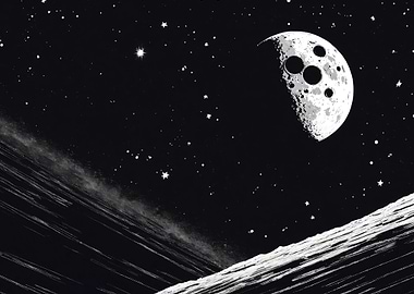Monochrome Moonscape with Stars