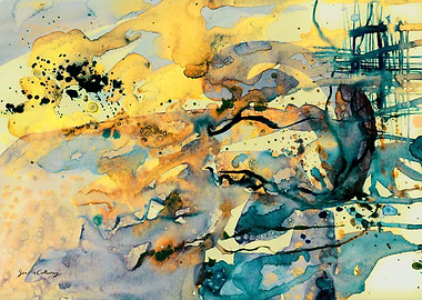 Abstract Watercolor Golden Tide and Teal Currents