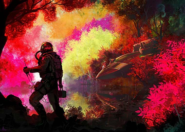 Astronaut in alien landscape with crashed ship