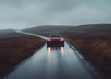 Red Aston Martin on Wet Road