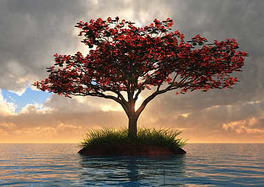 Red Tree Island in the Ocean