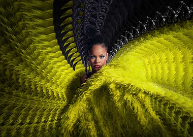 rihanna in yellow fur and braids