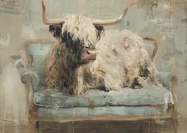 Highland Cow on Blue Sofa Painting