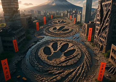 Post-Apocalyptic Japanese Cityscape with Paw Prints