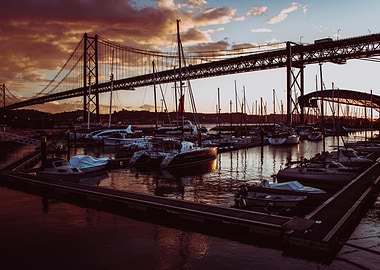 Marina with bridge at sunset
