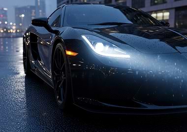 Sleek Black Car in Rainy Cityscape