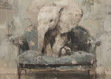 Elephant Calf on Antique Blue Armchair