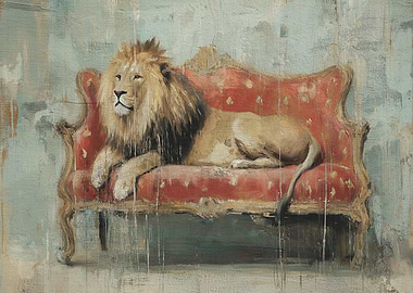 Lion Resting on Red Ornate Couch