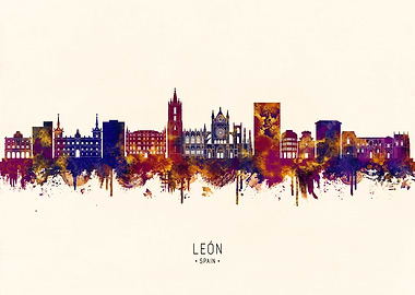 Leon, Spain Skyline Watercolor