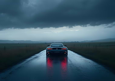 Aston Martin on a Rainy Road