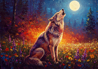 Wolf Howling at the Moon Painting