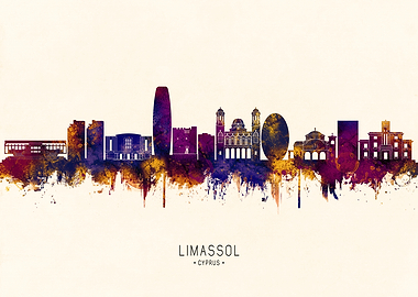 Limassol Cyprus Skyline Watercolor Silhouette