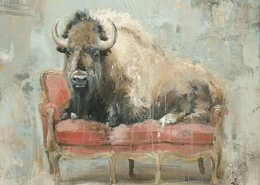 Bison on a Red Couch Painting
