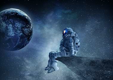 Astronaut Sitting on a Cliff in Space