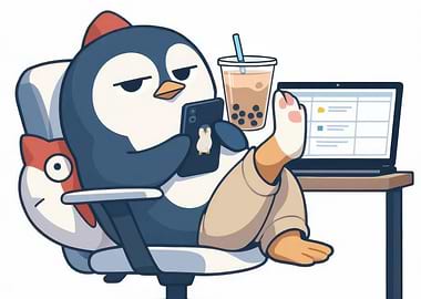 Relaxed Penguin with Bubble Tea