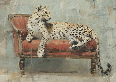 Leopard lounging on a red chaise