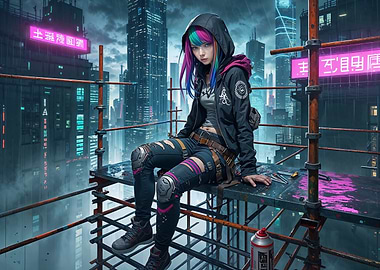 Cyberpunk Girl on Scaffolding in Cityscape