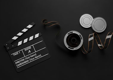 Movie clapperboard and film reels