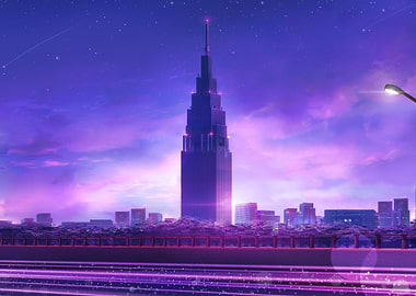 purple cityscape with skyscraper at night