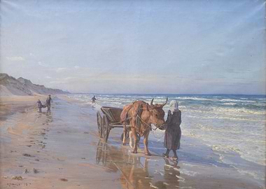 Ox-drawn cart on a beach painting