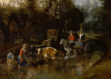 Cows Crossing a Stream Painting