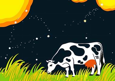 Cow in Starry Night Illustration