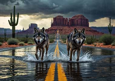 Wolves Running Through Flooded Desert Road