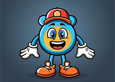 Smiling Round Mascot with Red Cap — Blue and Yellow Cartoon Character