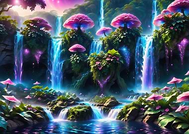 Fantasy Waterfall Landscape with Glowing Mushrooms