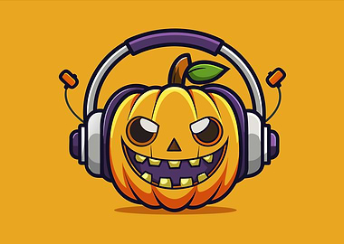 Cartoon Pumpkin with Headphones on Orange Background