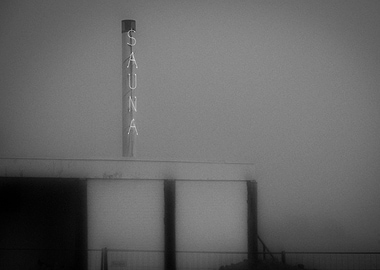 Monochrome Sauna Sign in Fog