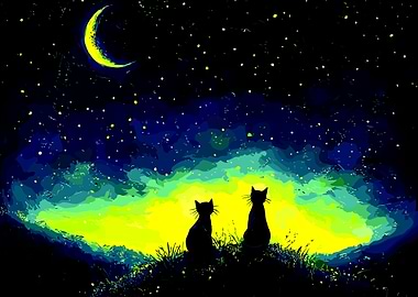 Cats under the starry night sky